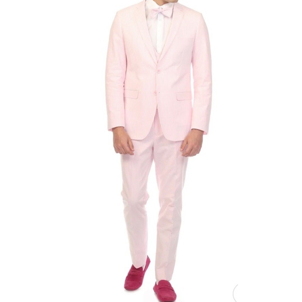 Ferrecci Seersucker Suit Mens 38R 32W New PINK White Stripe Formal $230 Read